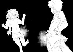 2boys absurdres araki_jeccy astolfo_(fate) black_background bulge commentary erection erection_under_clothes fang fate/apocrypha fate/grand_order fate_(series) fujimaru_ritsuka_(male) garter_straps greyscale highres male_focus monochrome multiple_boys short_hair simple_background skirt standing standing_on_one_leg sweater thighhighs trap