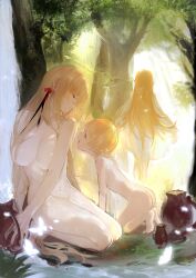 3girls absurdres blonde_hair breasts bug butterfly completely_nude convenient_censoring day dress forest glowing_butterfly hair_ribbon highres insect jar kiss-shot_acerola-orion_heart-under-blade kneeling large_breasts long_hair looking_at_another monogatari_(series) multiple_girls multiple_persona nature nude on_ground oshino_shinobu outdoors pointy_ears red_eyes red_ribbon ribbon shishirui_san short_hair standing tree white_dress