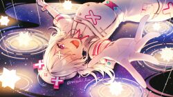 1girl ahoge bandaged_arm bandages blush breasts eyes_visible_through_hair gloves grey_hair hair_ornament hair_over_one_eye hat highres large_breasts long_hair looking_at_viewer mizuki_fua mole mole_under_eye nijisanji nurse nurse_cap open_mouth purple_eyes smile solo sukoya_kana sukoya_kana_(1st_costume) twintails virtual_youtuber white_wrist_cuffs wrist_cuffs x x_hair_ornament