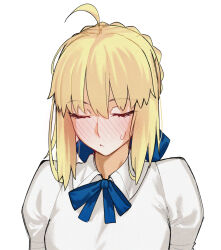 1girl ahoge artoria_pendragon_(fate) blonde_hair blush braid braided_bun breasts closed_eyes fate/grand_order fate/stay_night fate_(series) hair_bun highres kamisato_sora long_sleeves medium_breasts medium_hair saber_(fate) shirt sidelocks solo white_shirt