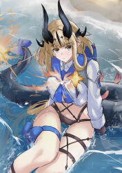 1girl absurdres arknights beach bikini black_bikini black_horns black_tail blonde_hair blue_bow blue_sailor_collar bow closed_mouth commentary crop_top cropped_shirt day feet_out_of_frame from_above green_eyes highres horns long_hair looking_at_viewer o-ring o-ring_bikini ocean official_alternate_costume outdoors reed_(arknights) reed_the_flame_shadow_(arknights) reed_the_flame_shadow_(summer_flower)_(arknights) revision sailor_collar shirt shuuka sitting solo swimsuit tail tail_bow tail_ornament thigh_bow thigh_strap very_long_hair water white_shirt