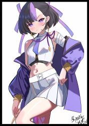 1girl absurdres bandaged_arm bandages black_border border cropped_shirt earrings goddess_of_victory:_nikke hair_ornament highres jack-o&#039;-lantern jack-o&#039;-lantern_hair_ornament jacket jewelry leg_tattoo looking_at_viewer melissa_v2 navel purple_eyes purple_hair purple_jacket purple_ribbon ribbon shirt short_hair skirt solo stomach syuen_(nikke) tattoo white_background white_shirt white_skirt