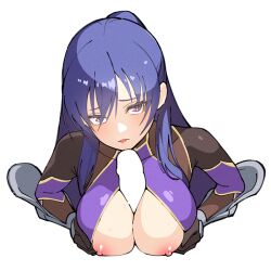 1boy 1girl :3 akiyama_rinko blush bodysuit breasts breasts_out breasts_squeezed_together cleavage_cutout clothing_cutout erection grabbing_own_breast hetero high_ponytail large_breasts light_smile long_hair looking_at_another looking_at_viewer nipples paizuri paizuri_under_clothes ponytail shiny_clothes taimanin_(series) taimanin_suit taimanin_yukikaze taimanun transparent_background very_long_hair