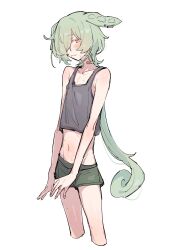 1girl androgynous azuma_shino bandaid flat_chest green_shorts grey_tank_top highres mole mole_under_mouth navel piercing shorts sketch skinny tank_top voicevox zundamon