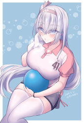 1girl ball bowling_ball breasts feet_out_of_frame fuyutsuki_(kancolle) fuyutsuki_(round_one)_(kancolle) grey_eyes grey_hair grey_skirt hairband highres kabocha_torute kantai_collection large_breasts official_alternate_costume one-hour_drawing_challenge one_side_up pink_hairband shirt sitting skirt solo thighhighs towel white_shirt white_thighhighs
