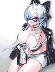 1girl character_charm charm_(object) cinderella_(beautiful_me)_(nikke) cinderella_(nikke) dongtan_dress dress goddess_of_victory:_nikke grey_dress hair_over_one_eye heart heart_necklace highres jacket jacket_on_shoulders jewelry jik_oxox meme_attire necklace official_alternate_costume red_eyes solo taut_clothes taut_dress