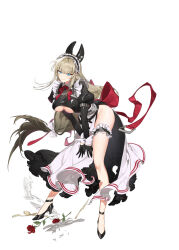 Rule 34 | 1girl, absurdres, alternate costume, animal ears, apron, bent over, black dress, black gloves, black shoes, blonde hair, blue eyes, breasts, closed mouth, closers, clothing cutout, dog ears, dress, enmaided, fake animal ears, frilled dress, frilled thigh strap, frills, gloves, gradient hair, harpy (closers), high heels, highres, juliet sleeves, large breasts, long hair, long sleeves, looking at viewer, maid, maid apron, maid headdress, multicolored hair, official art, puffy sleeves, shoes, side slit, simple background, smile, solo, thigh strap, thighs, underboob, underboob cutout, very long hair, waist apron, white background