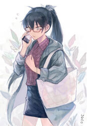 1girl bag black_hair black_skirt coat collared_shirt commentary cowboy_shot earrings ganaha_hibiki glasses grey_coat highres idolmaster idolmaster_(classic) idolmaster_cinderella_girls jewelry long_hair plaid_clothes plaid_shirt ponytail purple_shirt red-framed_eyewear semi-rimless_eyewear shirt shirt_tucked_in shoulder_bag skirt solo talking_on_phone ueno_zousui under-rim_eyewear white_bag