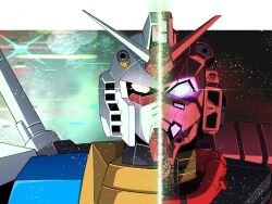 absurdres bilingual_commentary commentary commentary_request english_commentary glowing glowing_eye gundam gundam_gquuuuuux highres light_particles looking_at_viewer mecha mecha_focus mixed-language_commentary mobile_suit mobile_suit_gundam nkeo no_humans purple_eyes red_gundam robot rx-78-2_gundam science_fiction spoilers upper_body v-fin yellow_eyes zeknova