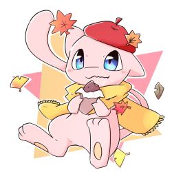 Rule 34 | animal focus, animal hands, beret, blue eyes, cat, closed mouth, food, full body, gen 1 pokemon, hat, highres, holding, holding food, leaf, legendary pokemon, looking at viewer, maple leaf, mew (pokemon), mythical pokemon, nintendo, no humans, otyappa tyabatyaba, pawpads, pink fur, pokemon, pokemon (creature), red hat, scarf, simple background, sitting, solo, sweet potato, white background, yellow scarf