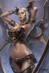 1girl armor bikini_armor grey_eyes grey_hair jee-hyung_lee looking_at_viewer midriff navel smile tagme wings