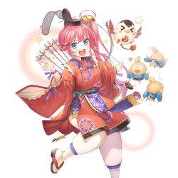 1girl arrow_(projectile) baby_animal bird blue_eyes bow_(weapon) chick geta hat japanese_clothes kagutsuchi_(uchi_no_hime-sama) long_sleeves open_mouth pika_(kai9464) pink_hair piyokichi_(uchihime) red_hair side_ponytail tabi tate_eboshi uchi_no_hime-sama_ga_ichiban_kawaii weapon