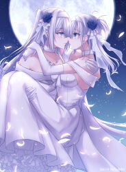 2girls bare_shoulders blue_eyes blue_flower blue_rose breasts carrying choker crying crying_with_eyes_open dress elbow_gloves eye_contact face-to-face feathers female_focus flower frilled_dress frills full_moon fuyutsuki_(kancolle) gloves grey_eyes grey_hair hair_flower hair_ornament highres jewelry kabocha_torute kantai_collection large_breasts long_hair looking_at_another matching_hair/eyes moon multiple_girls necklace night night_sky one_side_up parted_lips rose sky strapless strapless_dress suzutsuki_(kancolle) tears wedding_dress white_choker white_dress white_gloves yuri