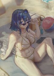 1girl :/ absurdres adjusting_eyewear ball beach beach_towel beach_umbrella beachball bikini black_hair blue_eyes blue_hair breasts cleavage commentary cooler hair_between_eyes hair_intakes highres hololive hololive_english large_breasts lleps_illust looking_at_viewer multicolored_hair navel ouro_kronii outdoors short_hair side-tie_bikini_bottom sitting solo sunglasses swimsuit symbol-only_commentary towel umbrella virtual_youtuber white_bikini