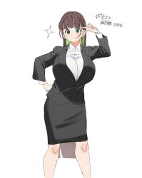1girl black_jacket black_skirt black_suit blunt_bangs breasts brown_hair business_suit collared_shirt colored_inner_hair commentary dress_shirt feet_out_of_frame formal_clothes green_eyes green_hair hand_on_own_hip hand_up highres huge_breasts jacket lapels light_smile long_hair long_sleeves looking_at_viewer midori-chan_(osakana) multicolored_hair office_lady original osakana_(kitasisn) pencil_skirt pocket shirt simple_background skirt skirt_suit solo sparkle standing suit v v_over_eye very_long_hair white_background white_shirt