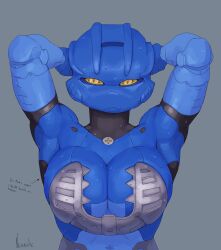 1girl absurdres armpits arms_behind_head artist_name bionicle breasts cleavage commentary english_commentary english_text gali_(bionicle) grey_background highres humanoid_robot kanohi_(bionicle) large_breasts looking_at_viewer neoruke orange_eyes robot simple_background solo straight-on the_lego_group upper_body
