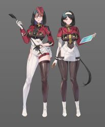 2girls absurdres asymmetrical_gloves asymmetrical_legwear asymmetrical_sleeves black_gloves black_hair black_pantyhose black_thighhighs bright_pupils clothing_cutout earrings elbow_gloves garrison_cap gloves hair_between_eyes hairband hat heterochromia highres holding holding_tablet_pc jewelry kirr_rr long_hair mismatched_gloves mismatched_sleeves multicolored_gloves multiple_girls original pantyhose purple_eyes riding_crop single_thighhigh tablet_pc thigh_cutout thighhighs uneven_sleeves white_gloves white_hairband