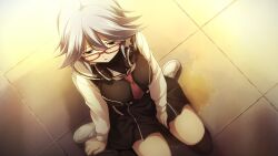 1girl between_breasts black_dress black_thighhighs blue_hair blurry blurry_background breasts buttons chaos;child chest_bow colored_eyelashes crying crying_with_eyes_open double-breasted dress dress_shirt floor_tiles from_above game_cg glasses hair_between_eyes headphones headphones_around_neck hekiho_academy hekiho_academy_uniform high_collar highres kazuki_hana large_breasts loafers long_sleeves looking_to_the_side miniskirt necktie necktie_between_breasts non-web_source official_art open_mouth pee pee_puddle peeing peeing_self public_urination purple_eyes red-framed_eyewear red_necktie sad sailor_collar sasaki_mutsumi school_uniform shadow shirt shoes short_hair sidelocks sitting skirt tears thighhighs wariza white_sleeves