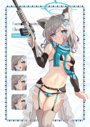 Rule 34 | 1girl, alternate costume, animal ear fluff, animal ears, assault rifle, bare shoulders, bikini, black bikini, black sleeves, blue archive, blue bikini, blue eyes, blue garter straps, blue halo, blue necktie, blue scarf, blush, breasts, closed mouth, cross hair ornament, crotch zipper, detached sleeves, grey hair, gun, hair ornament, halo, highres, holding, holding gun, holding weapon, looking at viewer, medium breasts, multiple expressions, necktie, open mouth, rifle, scarf, shiroko (blue archive), small breasts, solo, swimsuit, thighhighs, weapon, white thighhighs, wolf ears, wolf girl, xephonia