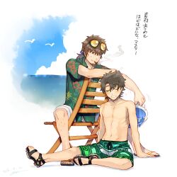 2boys arm_support blue_ribbon brown_hair cigarette collarbone eyewear_on_head fate/grand_order fate_(series) fujimaru_ritsuka_(male) goya_(xalbino) green_swim_trunks hand_fan hawaiian_shirt hector_(fate) holding holding_fan multiple_boys pectorals ribbon sandals shirt simple_bird sitting sitting_backwards smoke smoking topless_male translation_request