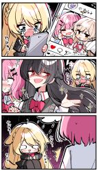 Rule 34 | 3girls, absurdres, animal ears, black hair, black jacket, blonde hair, blue eyes, blush, bow, bowtie, braid, chinese commentary, collared shirt, commentary request, crown braid, crying, crying with eyes open, dog ears, dog girl, grey sweater vest, half up braid, highres, holding hands, interlocked fingers, jacket, kemonomimi mode, koto satsuki, long hair, multiple girls, nervous sweating, ouzuka mai, pink hair, purple eyes, red bow, red bowtie, red eyes, school uniform, sena ajisai, shirt, short hair, sweat, sweater vest, tears, watashi ga koibito ni nareru wake naijan murimuri!, white shirt, yuri, zhanzhangzlw