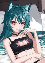 1girl absurdres animal_ears aqua_hair bare_arms bare_shoulders bed bell bianca_(black_survival) black_bra black_choker black_panties black_survival bra breasts bright_pupils cat_cutout cat_ears cat_lingerie choker cleavage cleavage_cutout clothing_cutout eternal_return:_black_survival extra_ears finger_to_mouth frilled_bra frills grin hand_up highres jingle_bell kemonomimi_mode keystone_(costone) long_hair looking_at_viewer lying medium_breasts meme_attire nail_polish navel on_back on_bed panties pillow red_eyes red_nails smile solo sparkling_eyes stomach string_bra underwear underwear_only