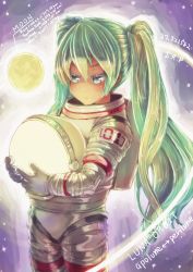 astronaut hatsune_miku helmet highres moon saltydanshark solo space spacesuit star_(symbol) twintails vocaloid