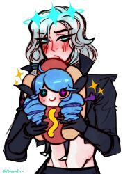 1boy 1girl alternate_costume blue_eyes blue_hair blush commentary english_commentary father_and_daughter green_eyes gwen_(league_of_legends) heterochromia highres holding hot_dog hot_dog_costume jacket league_of_legends long_hair looking_at_another open_clothes open_jacket poposhirat purple_eyes sparkle viego_(league_of_legends) white_hair