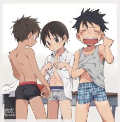 3boys ass back bad_id bad_twitter_id black_hair black_male_underwear blue_male_underwear boxer_briefs collared_shirt dated desk finger_in_ear grey_male_underwear highres inactive_account male_focus male_underwear multiple_boys navel open_clothes open_mouth open_shirt school_desk shirt short_hair shota simple_background tan tanline topless_male underwear undressing white_background white_shirt wool_bl yawning