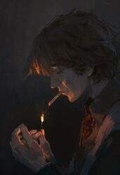 1boy absurdres arcane:_league_of_legends black_hair brown_shirt closed_eyes dino_(dinoartforame) embers fire highres holding_matchstick league_of_legends lighting_cigarette male_focus portrait profile shirt short_hair smoking solo vest viktor_(arcane) viktor_(league_of_legends) white_vest