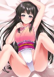 1girl absurdres armpits bed beni8h black_eyes black_hair breasts closed_mouth commentary_request commission frilled_leotard frills from_above highres hime_cut houraisan_kaguya leotard long_hair looking_at_viewer lying medium_breasts on_back pink_leotard pixiv_commission smile solo spread_legs touhou touhou_tag_dream wrestling_outfit