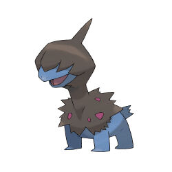 animal_focus covered_eyes deino_(pokemon) full_body gen_5_pokemon nintendo no_humans nostrils official_art open_mouth pokemon pokemon_(creature) pokemon_bw pokemon_focus simple_background smile solo sugimori_ken third-party_source white_background
