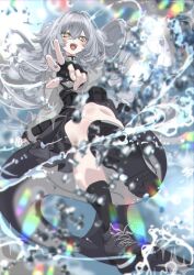 1girl :d bad_anatomy bad_hands belt_pouch black_choker black_gloves black_skirt black_socks blurry blurry_foreground blush cetacean_tail choker crocodilian_tail crossed_bangs depth_of_field e_e_e_nannte fangs fingerless_gloves fins fish_tail foreshortening full_body gloves grey_hair grey_jacket grey_shirt hair_between_eyes highres jacket kneehighs long_hair long_sleeves looking_at_viewer nail_polish o-ring open_mouth pouch reaching reaching_towards_viewer rurune_(vrchat) shark_girl shark_tail sharp_teeth shirt shoes skirt smile sneakers socks solo splashing tail teeth two_side_up v very_long_hair vrchat w water yellow_eyes