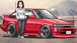 1girl animification black_pants breasts brown_eyes car collarbone highres long_sleeves medium_breasts motor_vehicle noerartworks pants parted_lips photo-referenced photo_background radio_antenna real_life red_car shoes sleeves_past_fingers sleeves_past_wrists smile sneakers solo sweater sweatpants toyota toyota_sprinter_trueno vehicle_focus white_shoes white_sweater