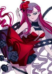 Rule 34 | 1girl, absurdres, aedh076, baobhan sith (fate), baobhan sith (fgo fes. 2025) (fate), breasts, detached collar, dress, fate/grand order, fate (series), flower, grey eyes, hair bun, hair flower, hair ornament, hand up, highres, long hair, pink hair, pointy ears, red dress, smile, solo, white flower