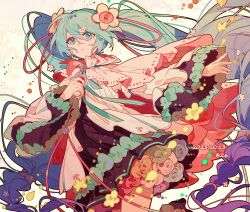 1girl aqua_flower aqua_ribbon black_dress black_shoes blue_eyes blue_flower blue_hair blue_rose braid brooch cable capelet collared_capelet colored_tips commentary cowboy_shot dated dress dress_flower eyelashes fingernails flower flower_brooch frilled_capelet frills gradient_hair green_flower green_rose hair_between_eyes hair_flower hair_ornament hair_ribbon hashtag-only_commentary hatsune_miku high_collar highres holding holding_microphone layered_dress leg_up long_hair long_sleeves looking_at_viewer low-tied_long_hair low_twin_braids magical_mirai_(vocaloid) magical_mirai_miku magical_mirai_miku_(2021) microphone multicolored_hair neck_ribbon orange_flower orange_rose outstretched_arms petticoat pink_ribbon purple_flower purple_hair purple_rose red_flower red_rose ribbon rose shoes simple_background sleeves_past_wrists sneakers solo striped_ribbon twin_braids twintails twitter_username very_long_hair vocaloid white_background white_capelet white_dress white_flower white_rose white_sleeves wide_sleeves z6