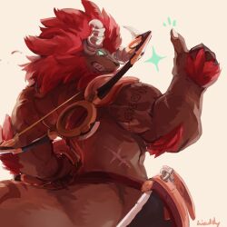 1boy artist_name bara bow_(weapon) centaur claws clenched_teeth commentary english_commentary facing_viewer from_behind furry furry_male highres horns looking_back lynel male_focus mane muscular muscular_male nintendo sharp_teeth taur teeth the_legend_of_zelda the_legend_of_zelda:_breath_of_the_wild thumbs_up waddledox_(waddy) weapon weapon_on_back
