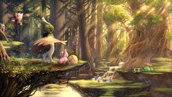 aipom bewear bulbasaur celebi commentary_request creatures_(company) decidueye forest game_freak gen_1_pokemon gen_2_pokemon gen_3_pokemon gen_4_pokemon gen_7_pokemon grass highres illumise jumping karamimame legendary_pokemon light_particles light_rays making-of_available mew_(pokemon) mothim mythical_pokemon nature nintendo no_humans open_mouth oricorio plant_roots pokemon pokemon_(creature) rowlet scenery sceptile stream stufful sunbeam sunlight tree treecko venusaur volbeat