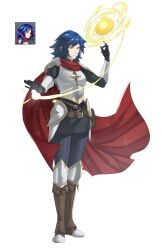 1girl armor astral_throne belt blue_hair boots cape elbow_gloves frown full_body gloves hand_up highres long_sleeves lyra_(astral_throne) magic medium_hair pantyhose pomelomelon scene_reference shoulder_armor skirt solo standing white_background yellow_eyes