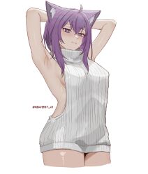 1girl animal_ear_fluff animal_ears armpits arms_behind_head arms_up backless_outfit blush breasts cat_ears cat_girl closed_mouth fang highres hololive hololive_gamers looking_at_viewer meme_attire nekhbet_01 nekomata_okayu nekomata_okayu_(casual) purple_eyes purple_hair sideboob sideless_outfit solo thighs virgin_killer_sweater virtual_youtuber white_background