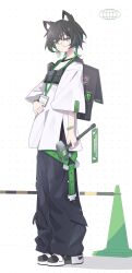 1girl animal_ear_fluff animal_ears backpack bag black_bag black_hair black_pants black_shoes bracelet cat_ears closed_mouth colored_inner_hair expressionless fanny_pack full_body glasses green_hair grey_eyes halftone hammer highres holding holding_hammer id_card jewelry lanyard looking_at_viewer medium_hair monster_energy multicolored_hair nike_(company) original pants purple_eyes round_eyewear satoh_vrc shirt shoes short_hair simple_background sneakers solo standing traffic_cone two-tone_hair vrchat watch white_background white_shirt white_shoes wristwatch