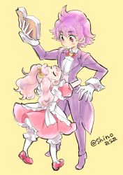 1boy 1girl apron aroma_(go!_princess_precure) aroma_(go!_princess_precure)_(human) bloomers blush book bow bowtie brother_and_sister butler closed_eyes formal_clothes full_body go!_princess_precure happy height_difference hetero hug long_hair pantyhose personification pink_hair pink_shoes pink_skirt precure puff_(go!_princess_precure) puff_(go!_princess_precure)_(human) purple_eyes purple_footwear purple_hair red_bow shinoasa shoes siblings skirt suit surprised traditional_bowtie twintails twitter_username underwear white_bloomers white_pantyhose yellow_background