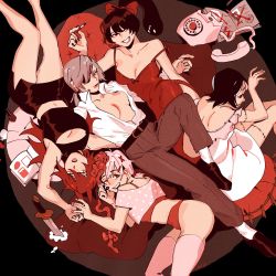 5girls antique_phone back_cutout bare_shoulders belt black_eyes black_footwear black_hair black_nails black_sclera black_shirt black_skirt book borketto bow brain breasts brown_eyes brown_pants chainsaw_man cigarette cleavage cleavage_cutout clothing_cutout collarbone collared_shirt colored_sclera commentary cosmo_(chainsaw_man) cropped_shirt dangling_eye dress exposed_brain eyeball eyepatch feet_out_of_frame from_above grey_hair grin hair_bow half-closed_eyes heart heart-shaped_pupils highres holding holding_cigarette holding_hands horns knee_up knife living_hair long_(chainsaw_man) long_hair looking_at_viewer looking_to_the_side lying marker monster_girl multiple_girls nail_polish navel on_back on_side one_eye_covered open_book open_clothes open_mouth open_shirt panties pants pencil_skirt phone pillow pingtsi_(chainsaw_man) pink_hair pink_legwear pink_shirt polka_dot ponytail quanxi_(chainsaw_man) red_dress red_hair red_panties rotary_phone shirt shoes short_hair short_ponytail shoulder_blades side_slit signature sitting skirt sleeveless sleeveless_shirt smile spaghetti_strap stitched_mouth stitches strap_slip symbol-only_commentary symbol-shaped_pupils thighhighs tsugihagi_(chainsaw_man) underwear white_legwear white_shirt yuri zombie
