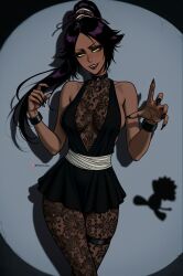 1boy 1girl ai-assisted artist_name bare_shoulders breasts collarbone dark-skinned_female dark_skin hair_ornament highres kon_(bleach) large_breasts long_hair looking_at_viewer parted_bangs patreon_username ponytail prixmal purple_hair shadowverse shihouin_yoruichi stuffed_animal stuffed_lion stuffed_toy thigh_strap yellow_eyes