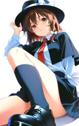 1girl absurdres black_capelet black_shoes black_skirt black_socks brown_eyes brown_hair capelet hair_between_eyes hair_ribbon hand_on_own_hat hat highres legs long_sleeves looking_at_viewer nameko_houshi necktie red_necktie ribbon shirt shoes sitting skirt socks solo teeth thighs touhou usami_renko white_background white_shirt