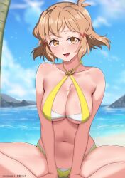 Rule 34 | 1girl, absurdres, beach, bikini, blue sky, breasts, brown eyes, brown hair, cleavage, commentary request, criss-cross halter, dolphin wave, halterneck, highres, indian style, kenja panda, large breasts, multicolored bikini, navel, ocean, official alternate costume, open mouth, outdoors, palm tree, senki zesshou symphogear, short hair, sitting, sky, solo, stomach, swimsuit, tachibana hibiki (symphogear), tree, twitter username, two-tone bikini, white bikini, yellow bikini
