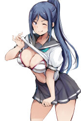 1girl ;q aqua_neckerchief bikini bikini_under_clothes blue_hair breasts clothes_lift commentary_request gengoroh grey_sailor_collar grey_skirt highres large_breasts lifting_own_clothes long_hair looking_at_viewer love_live! love_live!_sunshine!! matsuura_kanan miniskirt neckerchief one_eye_closed pleated_skirt ponytail purple_eyes sailor_collar school_uniform serafuku shirt shirt_lift short_sleeves skirt smile solo summer_uniform swimsuit tongue tongue_out uranohoshi_school_uniform white_background white_shirt