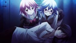 1boy 2girls all_fours black_dress black_panties blue_hair bow bowtie breasts chaos;child cleavage collarbone dress dress_shirt game_cg glasses hair_between_eyes highres indoors kazuki_hana lying medium_breasts miyashiro_takuru multiple_girls neckerchief no_eyewear non-web_source official_art on_side onoe_serika open_mouth panties parted_lips pink_eyes pink_hair purple_eyes red-framed_eyewear red_bow red_neckwear sasaki_mutsumi school_uniform shirt short_dress short_hair_with_long_locks sidelocks smile sweatdrop underwear white_shirt