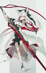 1girl absurdres animal_ear_fluff animal_ears black_hair black_skirt boots bow bowtie collar colored_inner_hair curtained_hair detached_sleeves extra_ears fox_ears fox_girl fox_tail full_body grey_background hair_between_eyes hair_ribbon highres holding holding_sword holding_weapon layered_skirt long_hair long_sleeves looking_at_viewer multicolored_hair nagishiro_mito original overskirt parted_bangs platform_boots pleated_skirt ponytail red_hair ribbon sidelocks simple_background skirt solo sword tail tiara two-tone_background very_long_hair weapon white_background white_boots white_hair white_overskirt wide_sleeves yellow_eyes