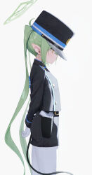 Rule 34 | 1girl, absurdres, black hat, black jacket, black shorts, black tail, blue archive, closed mouth, commentary request, demon tail, earrings, expressionless, gloves, green hair, green halo, gun, halo, hand on own arm, hat, highres, holster, jacket, jewelry, kakoto, long hair, long sleeves, nozomi (blue archive), pantyhose, pantyhose under shorts, pointy ears, profile, shako cap, shorts, sidelocks, simple background, solo, tail, twintails, very long hair, weapon, white background, white gloves, white pantyhose, yellow eyes